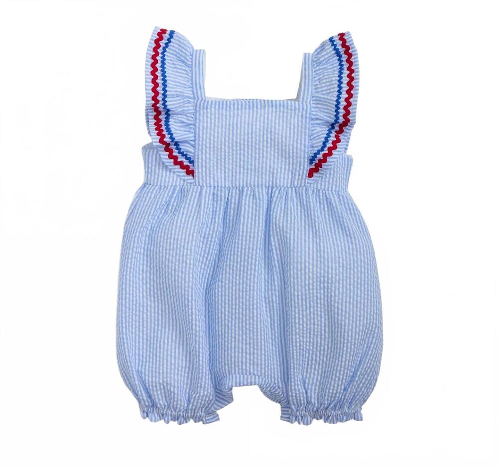 NEW MAGNETIC ME kids' flutter magnetic romper in seersucker stripe
